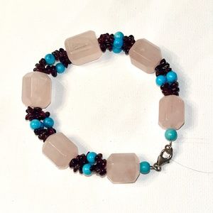 Spiritual Rose Quartz, Turquoise, Garnet Bracelet Hand Crafted